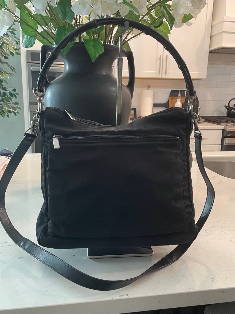 Vintage Black Nylon Bag with Bamboo Handle